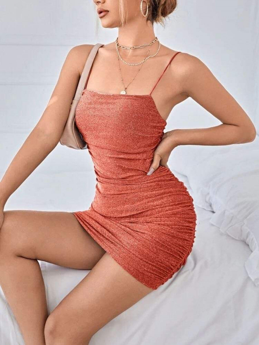 PETITE Backless Ruched Glitter Bodycon Dress