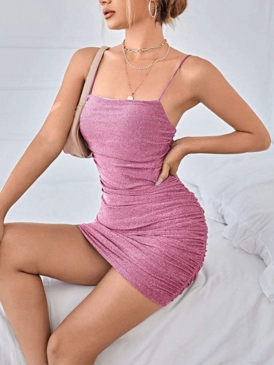 PETITE Backless Ruched Glitter Bodycon Dress