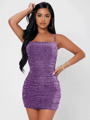 PETITE Backless Ruched Glitter Bodycon Dress