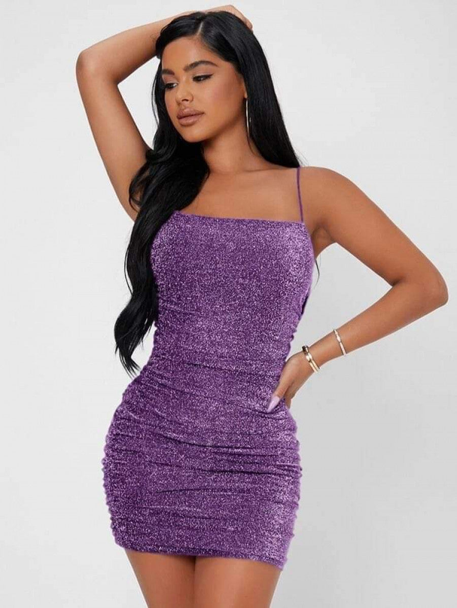 PETITE Backless Ruched Glitter Bodycon Dress