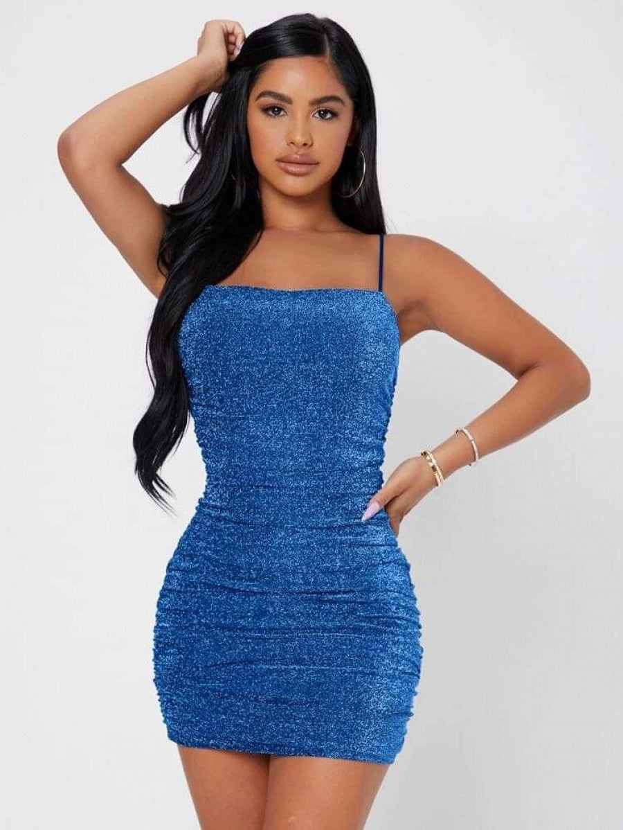 PETITE Backless Ruched Glitter Bodycon Dress