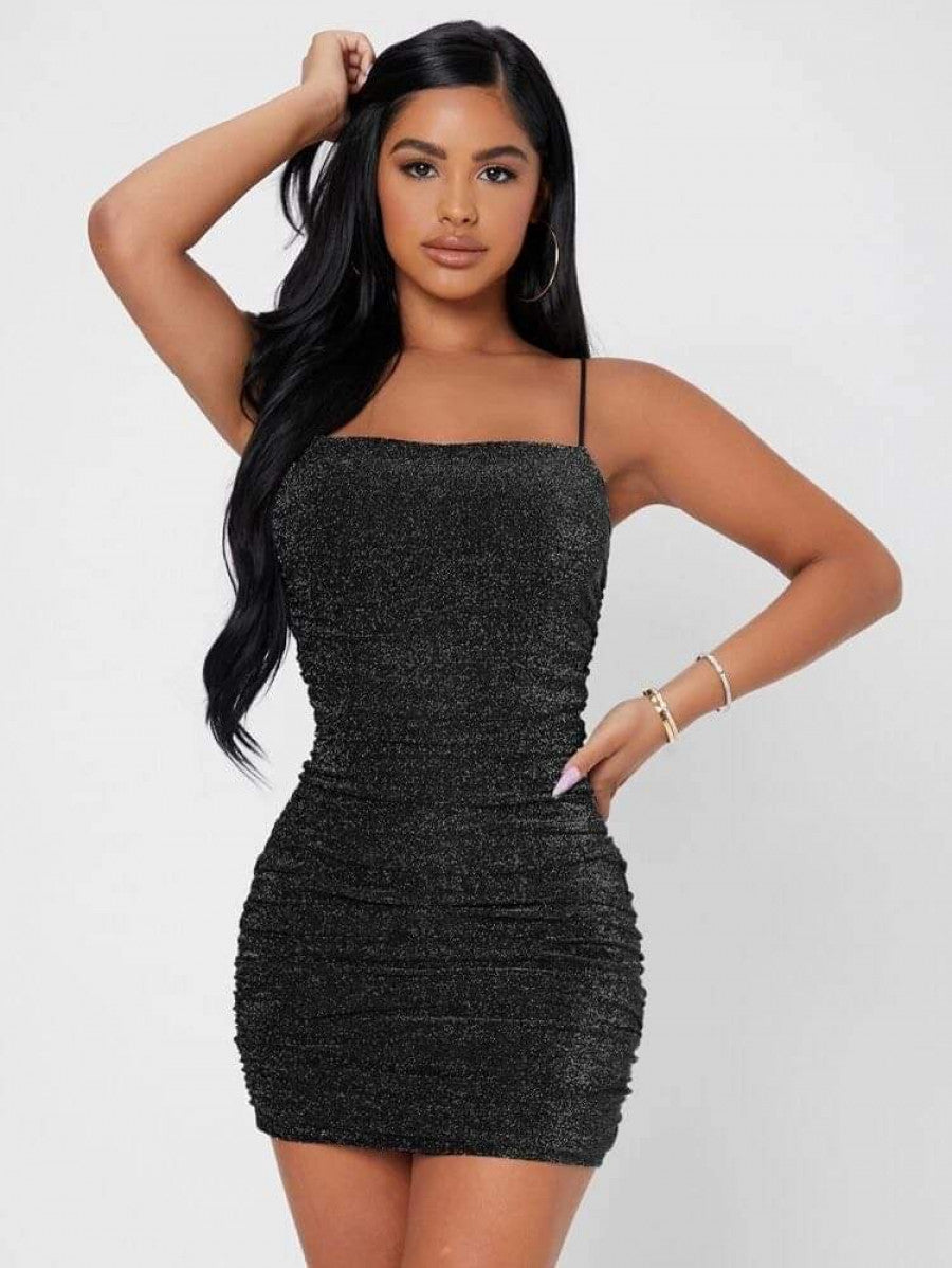 PETITE Backless Ruched Glitter Bodycon Dress