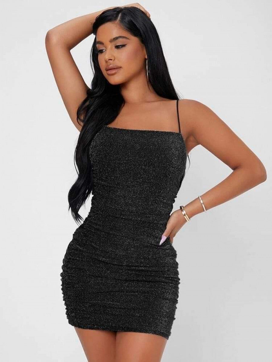 PETITE Backless Ruched Glitter Bodycon Dress