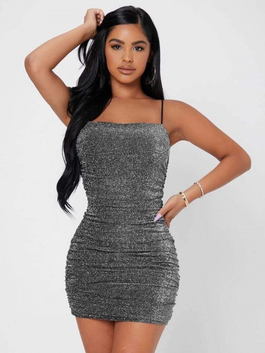 PETITE Backless Ruched Glitter Bodycon Dress