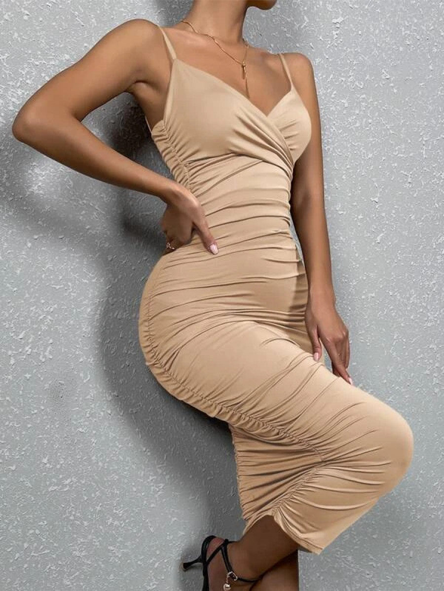 Solid Ruched Bodycon Cami Dress