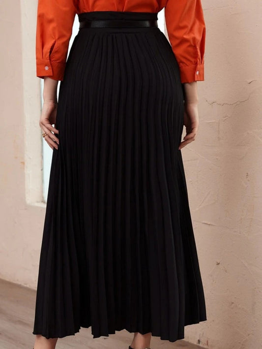 Solid High Waist Belted Pleated Skirt