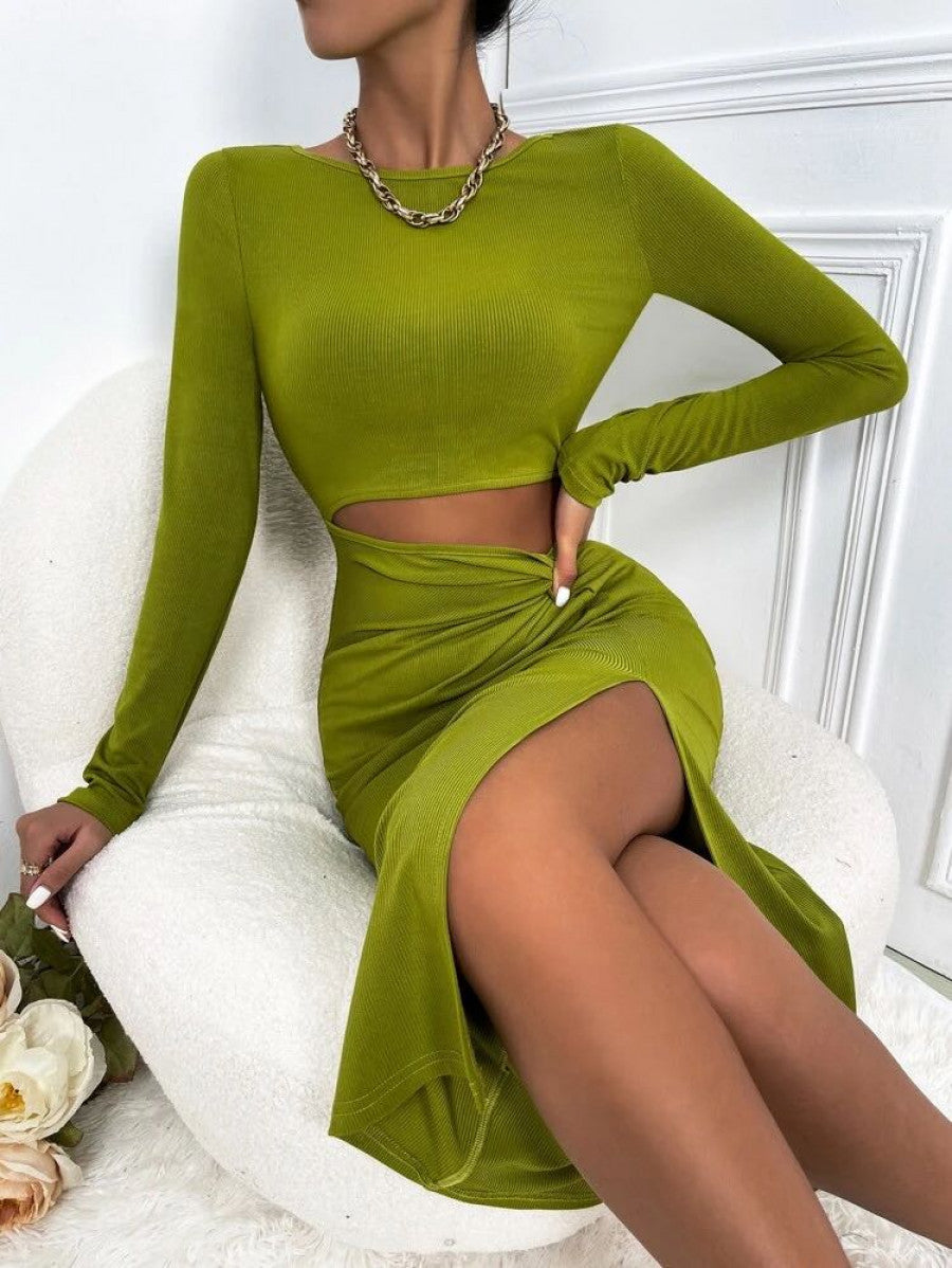 Cut Out Twist Front Slit Thigh Bodycon Dress