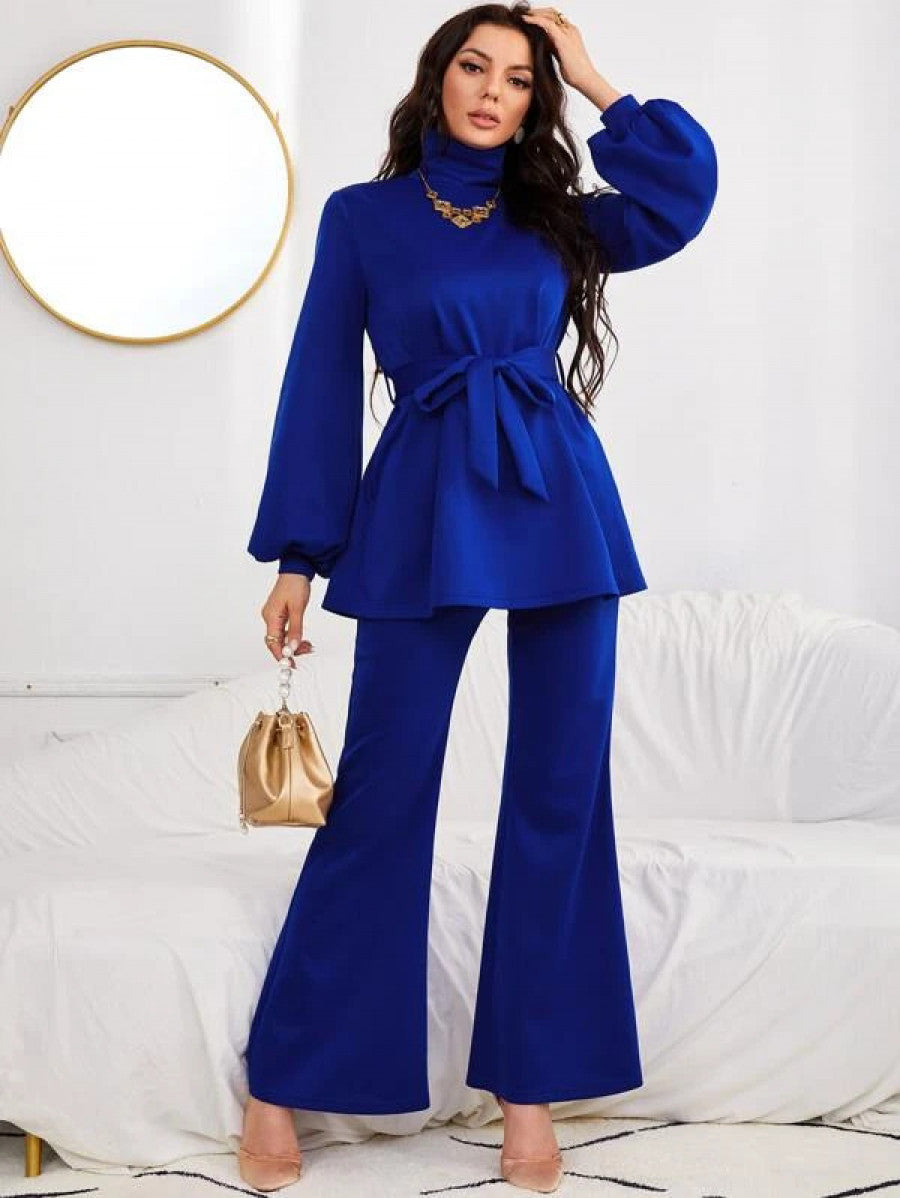 High Neck Lantern Sleeve Belted Top & Flare Leg Pants