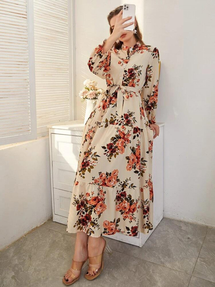 Floral Print Flounce Sleeve Ruffle Hem Belted Dress