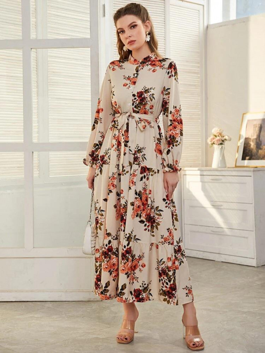 Floral Print Flounce Sleeve Ruffle Hem Belted Dress