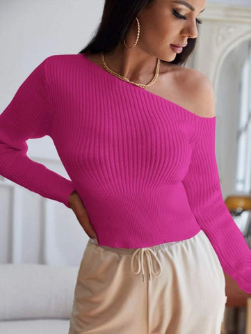 Felegant Solid Asymmetrical Neck Rib-knit Sweater