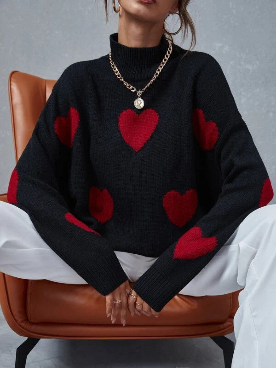 Heart Pattern Mock Neck Drop Shoulder Sweater