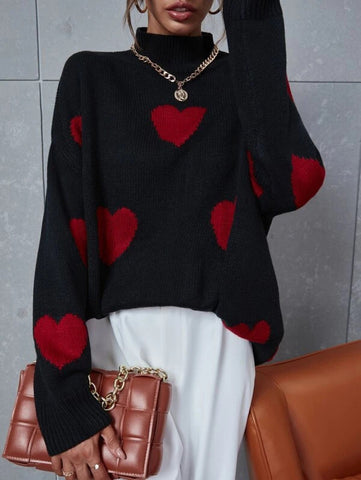 Heart Pattern Mock Neck Drop Shoulder Sweater