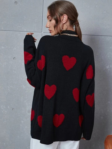 Heart Pattern Mock Neck Drop Shoulder Sweater