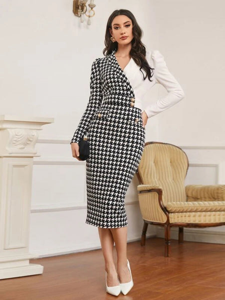 Houndstooth Frill Trim Flounce Sleeve 2 In 1 Bodycon Dress