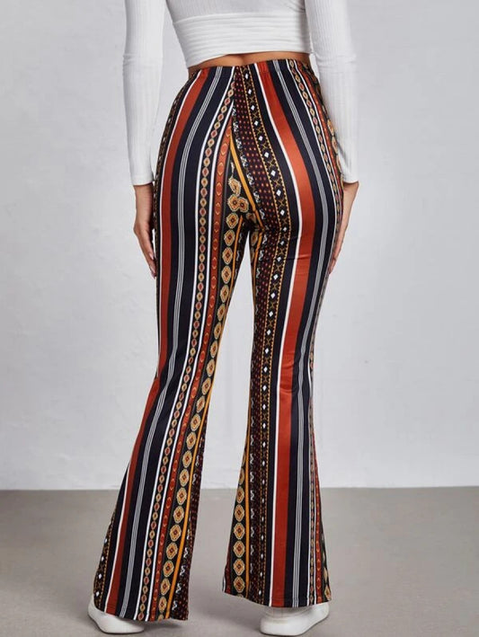 Geo & Striped Print Flare Leg Pants