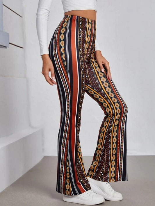 Geo & Striped Print Flare Leg Pants