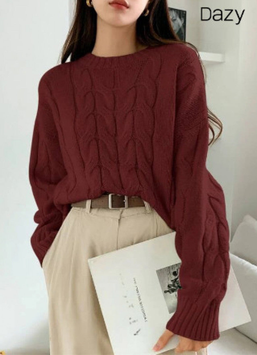 DAZY Solid Cable Knit Drop Shoulder Sweater