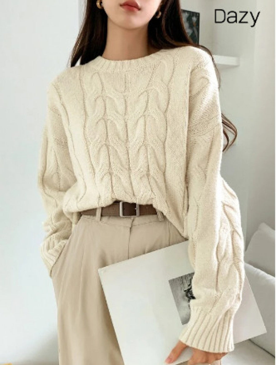 DAZY Solid Cable Knit Drop Shoulder Sweater