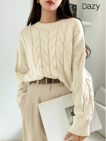 DAZY Solid Cable Knit Drop Shoulder Sweater