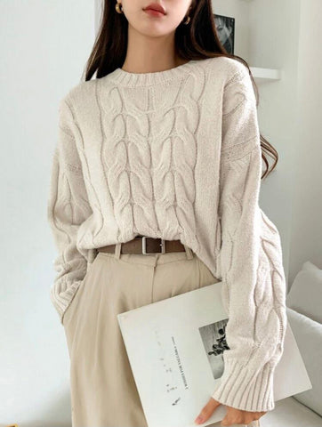 DAZY Solid Cable Knit Drop Shoulder Sweater