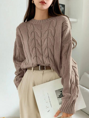 DAZY Solid Cable Knit Drop Shoulder Sweater