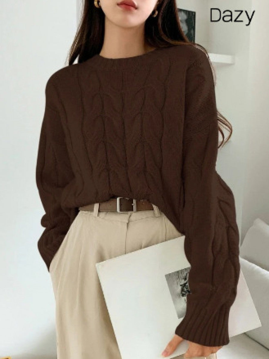 DAZY Solid Cable Knit Drop Shoulder Sweater