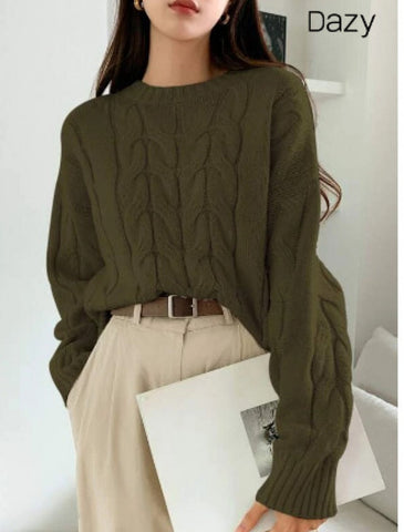 DAZY Solid Cable Knit Drop Shoulder Sweater