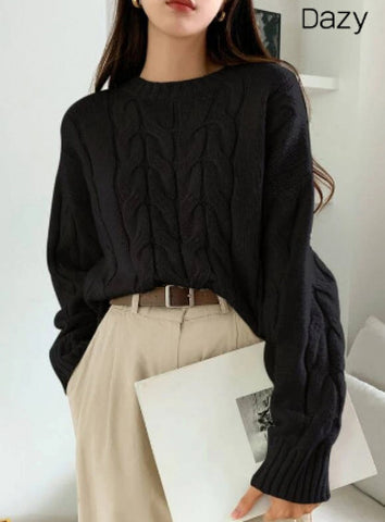 DAZY Solid Cable Knit Drop Shoulder Sweater