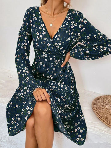 Surplice Neck Floral Print Shirred Waist A-Line Dress