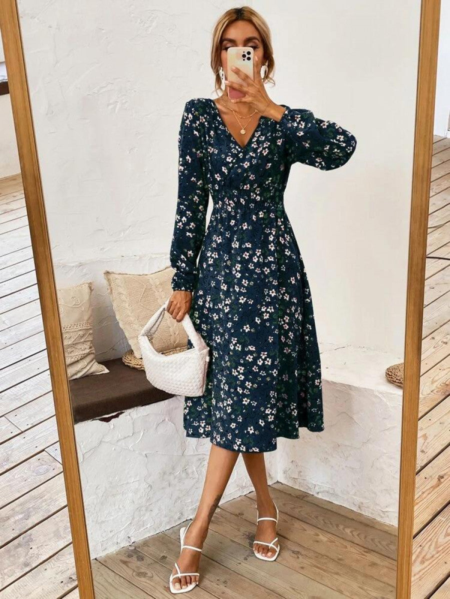 Surplice Neck Floral Print Shirred Waist A-Line Dress