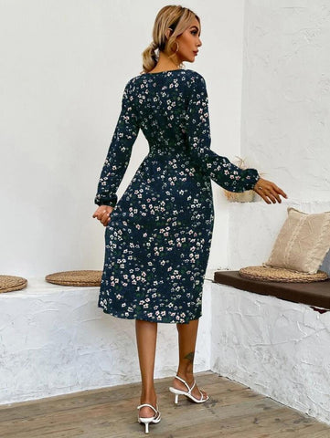 Surplice Neck Floral Print Shirred Waist A-Line Dress