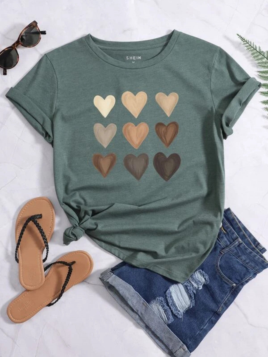 Heart Print Round Neck Tee