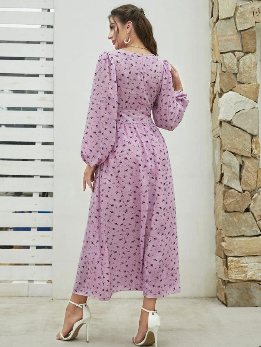 Ditsy Floral Print Lace-up Front Lantern Sleeve Dress