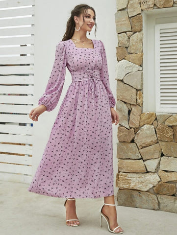 Ditsy Floral Print Lace-up Front Lantern Sleeve Dress