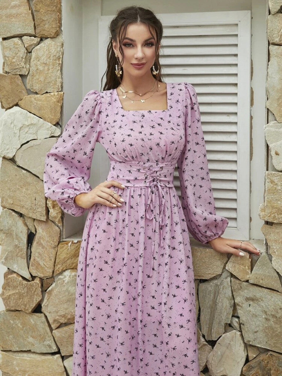 Ditsy Floral Print Lace-up Front Lantern Sleeve Dress