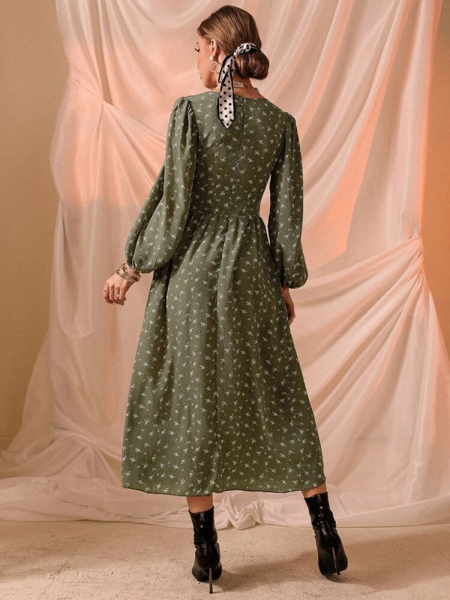 Ditsy Floral Print Lace-up Front Lantern Sleeve Dress