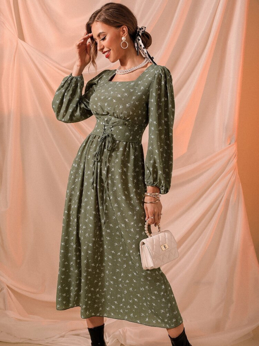 Ditsy Floral Print Lace-up Front Lantern Sleeve Dress