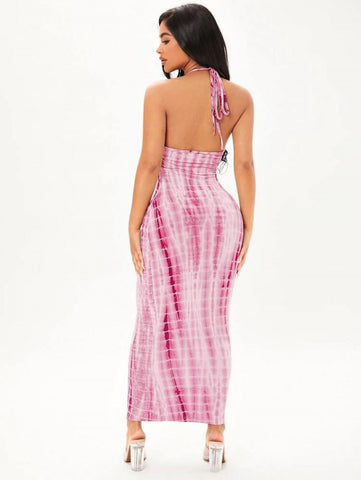 SXY Tie Dye Halter Neck Backless Bodycon Dress