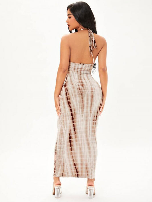 SXY Tie Dye Halter Neck Backless Bodycon Dress