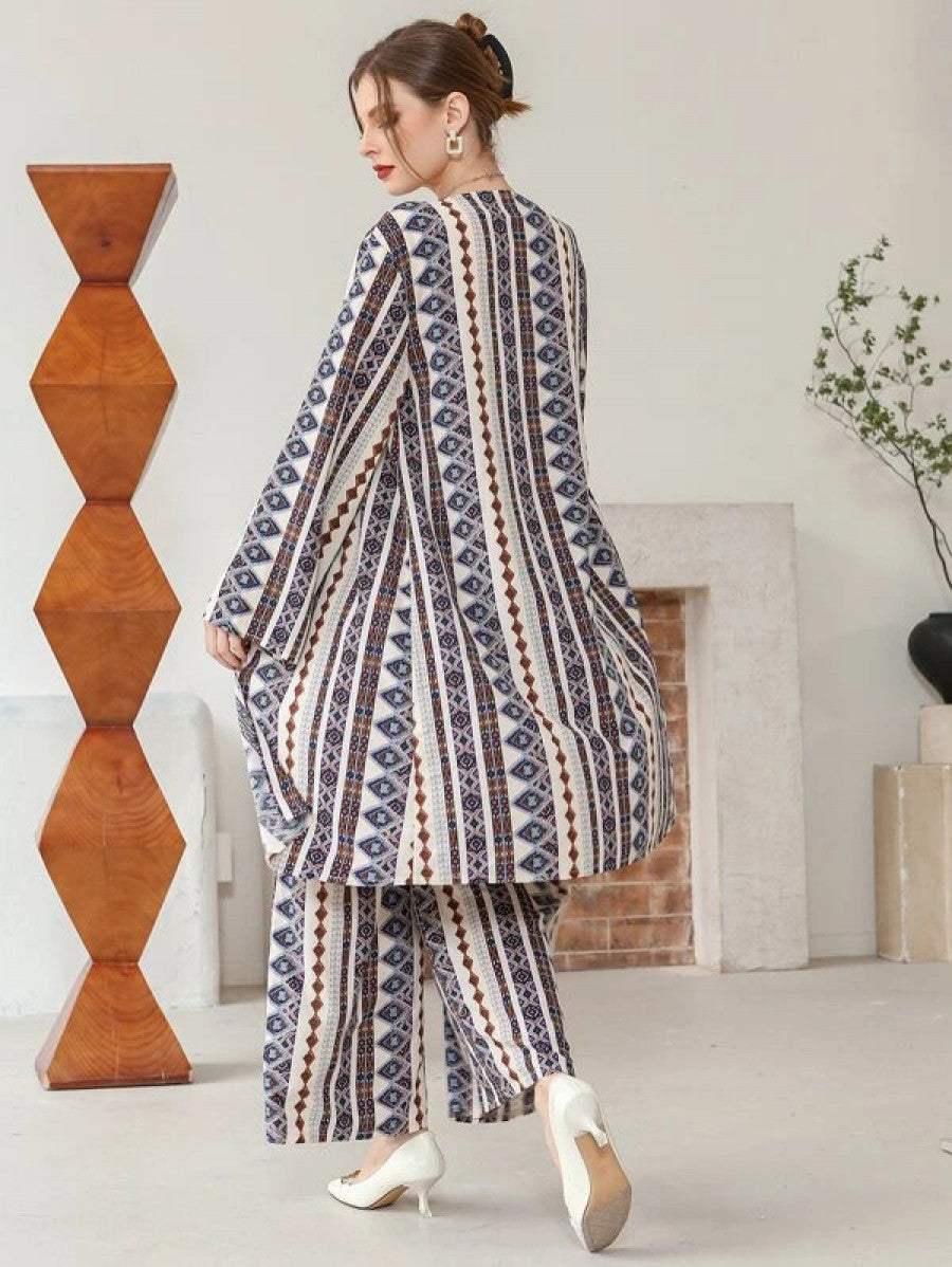 Geo Print Coat & Wide Leg Pants Without Belt