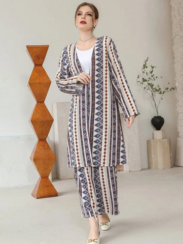 Geo Print Coat & Wide Leg Pants Without Belt