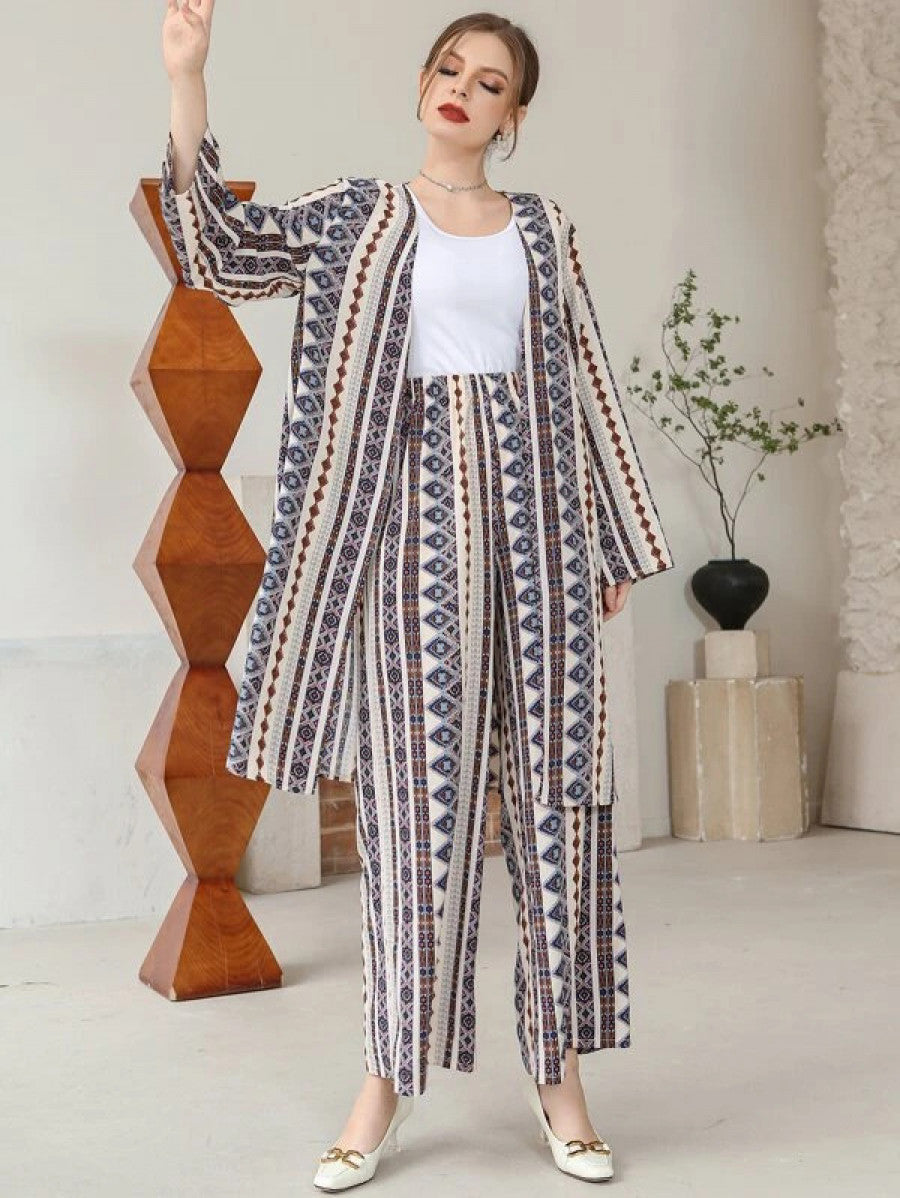 Geo Print Coat & Wide Leg Pants Without Belt