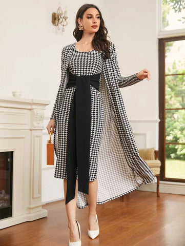 Houndstooth Longline Coat & Knot Front Bodycon Dress