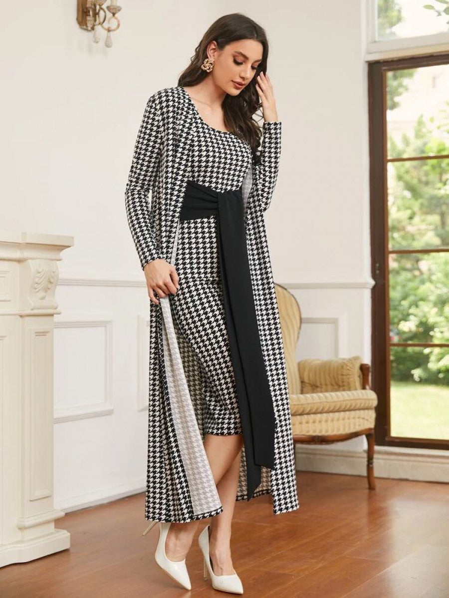 Houndstooth Longline Coat & Knot Front Bodycon Dress