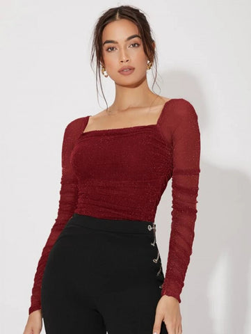 Mesh Panel Ruched Glitter Top