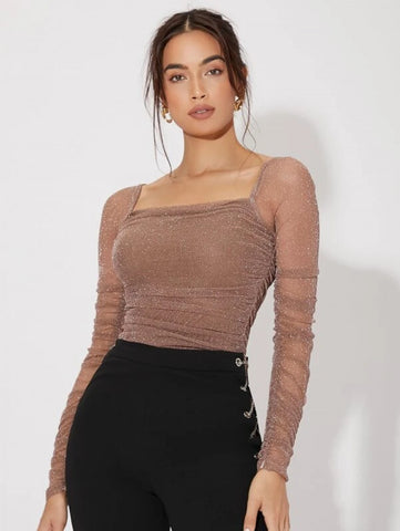 Mesh Panel Ruched Glitter Top