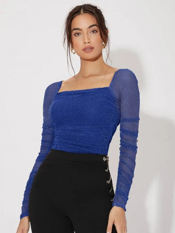 Mesh Panel Ruched Glitter Top