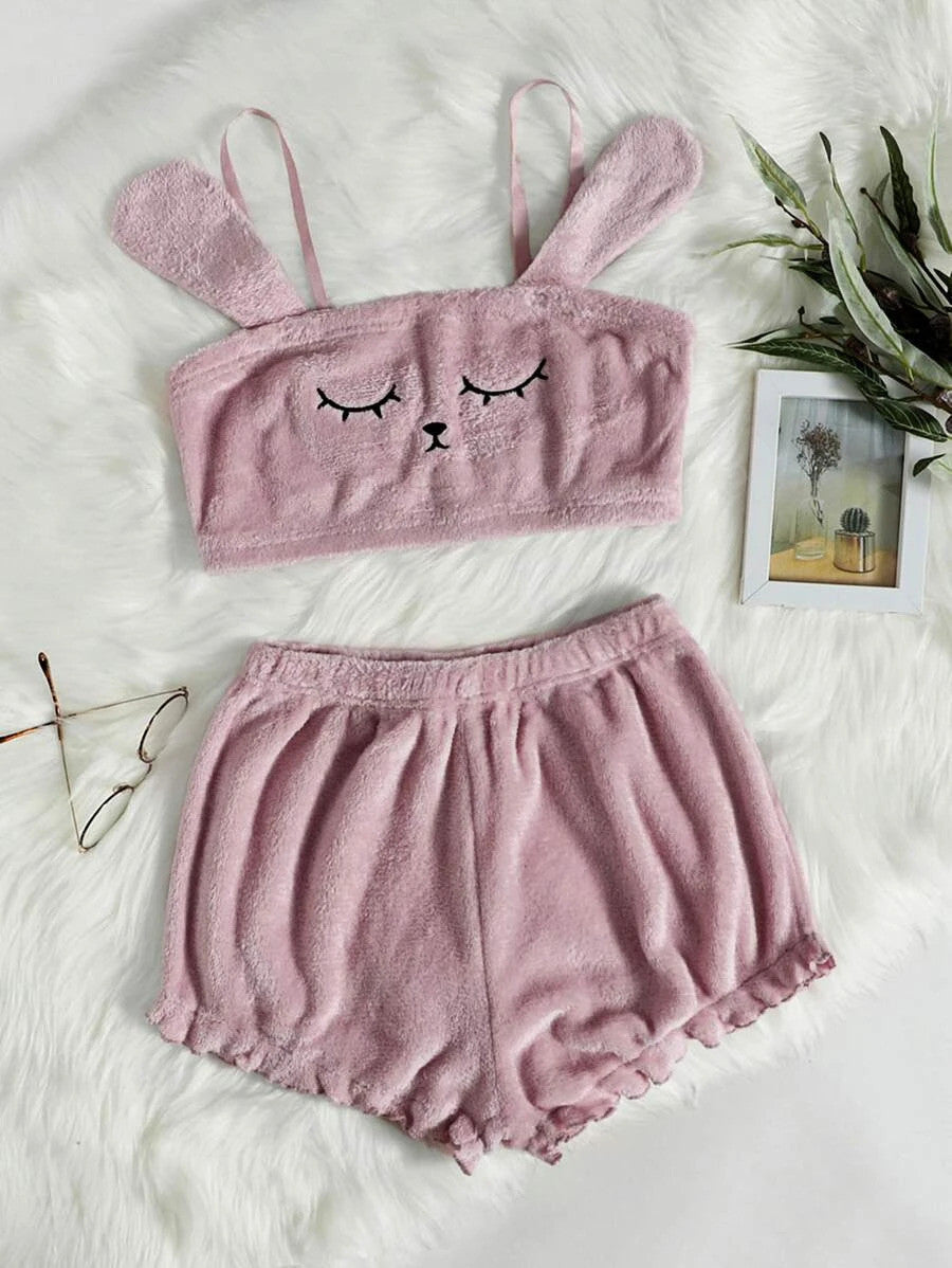 Cartoon Embroidered 3D Patched Flannel Cami PJ Set