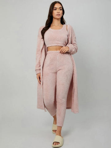 Drop Shoulder Belted Flannel Robe & Tank Top & Pants Lounge Set